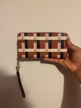 Fossil Plaid Zip-Around Wristlet Wallet in Brown, Pink & Cream